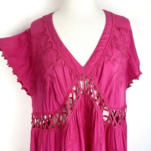 Free People Hot Pink Lattice Cutout Floral Embroidered Tunic Marissa FP Dress - Picture 3 of 7